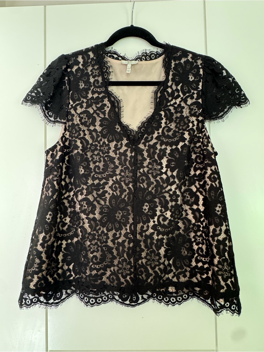 Joie Black Lace Overlay V-Neck Top with Nude Lining